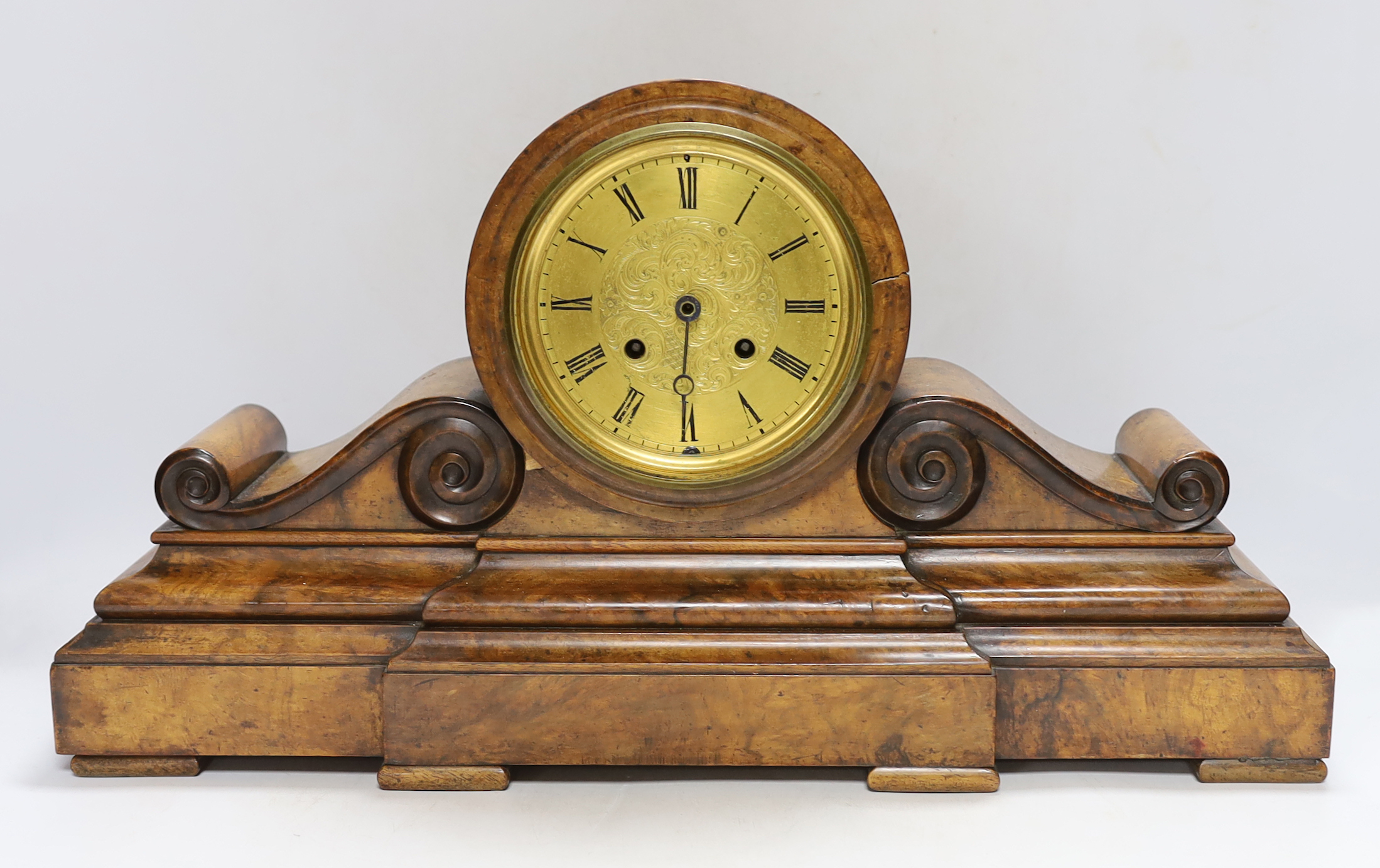 A 19th century burr walnut drum head mantel clock striking on a bell 52cm wide